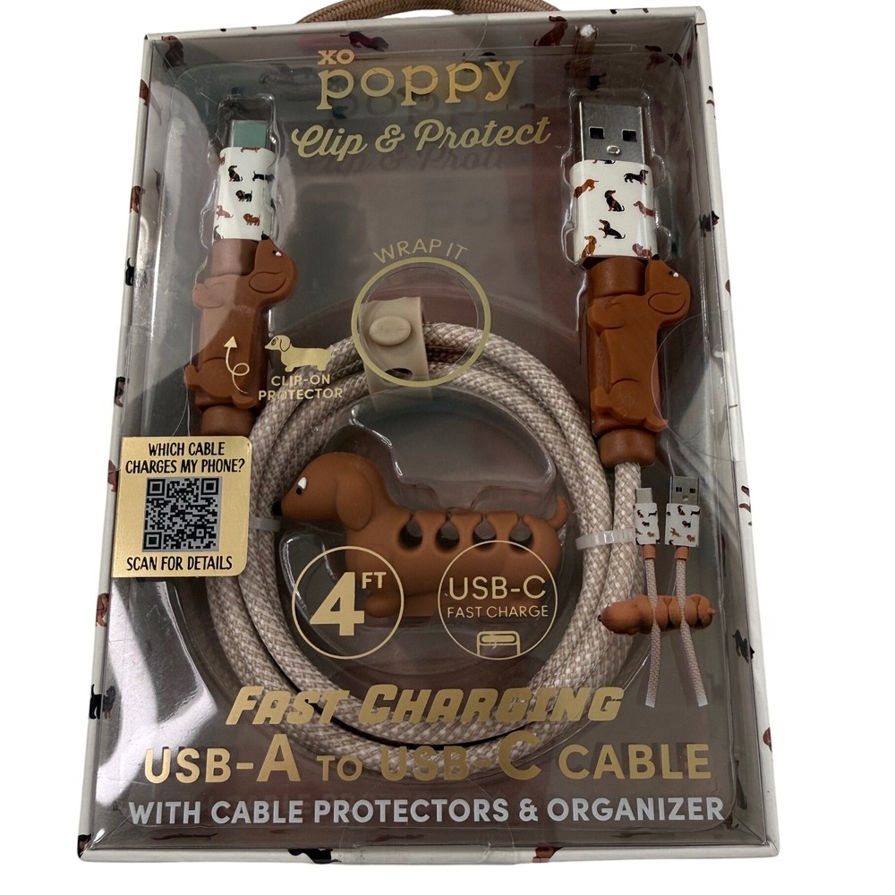 XO Poppy Dachshund USB-A to USB-C Fast Charging Cable 4ft Clip & Protect NEW